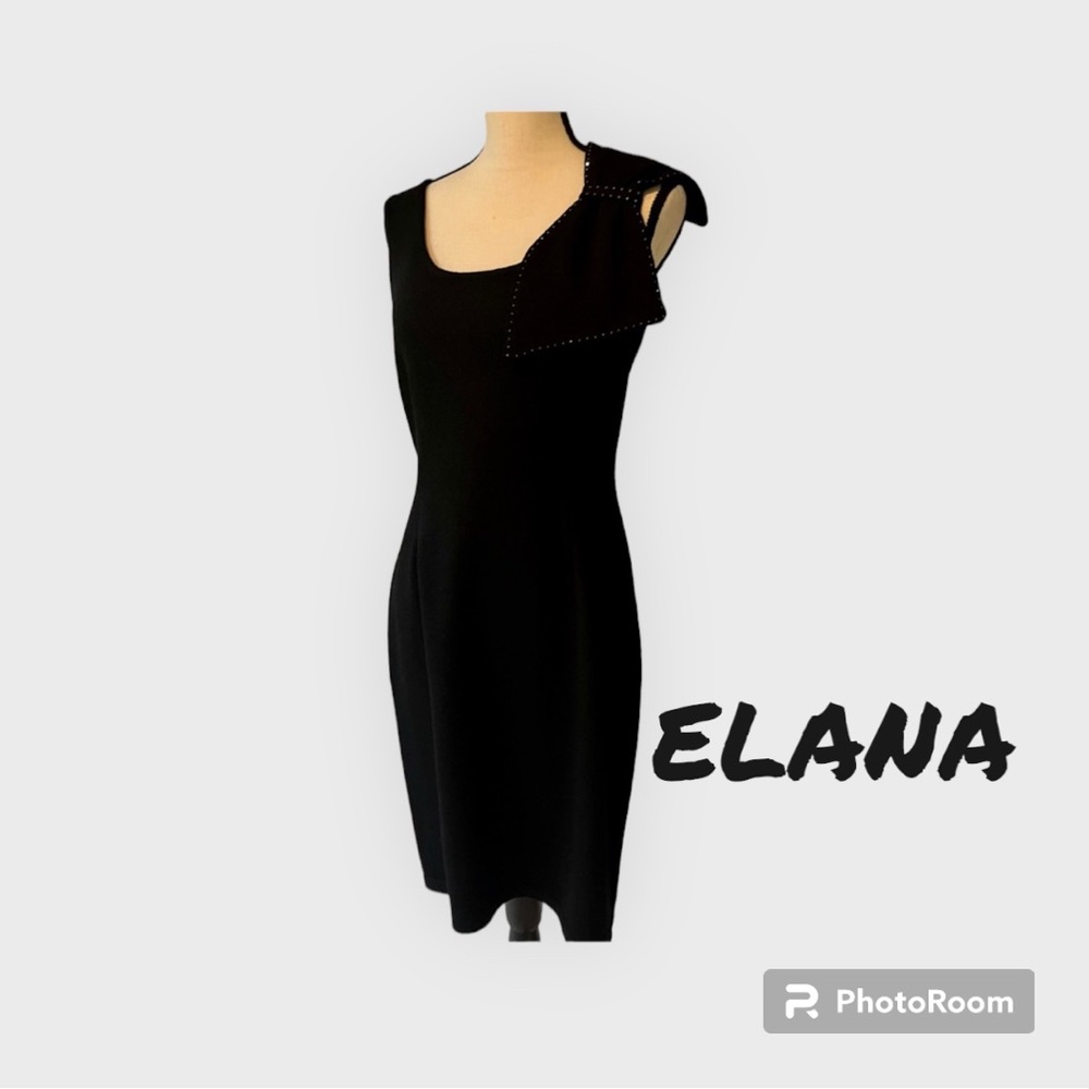 ELANA Black sleeveless knit dress with black shoulder bow with rhinestones. - Picture 2 of 6